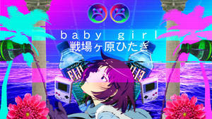 紫髮動漫女孩被帶有故障效果的棕櫚樹和汽水瓶包圍在霓虹海洋場景中。 — 可愛女孩 壁紙