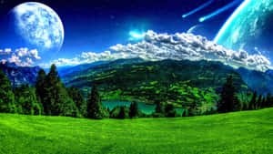 綠色山谷有山脈湖泊在星空下有巨大月亮和發光彗星 — 綠色天空 壁紙