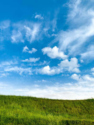 在明亮的藍天下，起伏的綠色山丘上散落著白雲。 — 綠色天空 壁紙