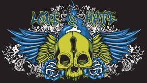綠色骷髏頭，帶有藍色翅膀和玫瑰，位於「LOVE & HATE」文字下方。 — 愛情藝術 壁紙