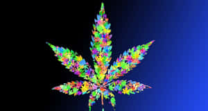 一個發光的多色大麻葉，由小葉片組成，背景為藍色漸變。 — 植物美學 壁紙