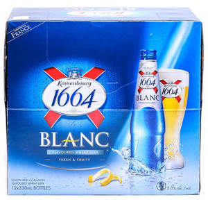 Kronenbourg 1664 Blanc啤酒包裝，包含瓶子、杯子和檸檬皮飛濺。 — 啤酒 壁紙