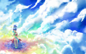 藍髮動漫女孩坐在發光的雲朵上，背景是色彩繽紛的天空。 — 動畫風景動圖 壁紙
