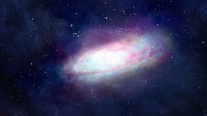 一個色彩繽紛的螺旋星系，散發著粉紅色和藍色色調，被星星環繞。