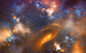 一個螺旋星系發出橙色和藍色的光芒，被宇宙雲層和星星環繞。 — 銀河 live 壁紙
