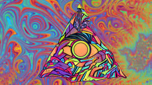 一個色彩繽紛的抽象金字塔，在迷幻背景上帶有旋轉圖案。 — 湖泊 壁紙