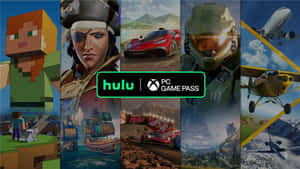遊戲蒙太奇，包含Minecraft、賽車、Halo和飛行飛機，帶有Hulu和Xbox Game Pass標誌。 — 葫蘆 壁紙