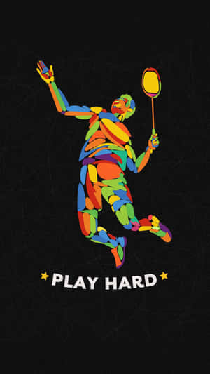 色彩繽紛的插圖羽球運動員跳起，手持球拍，並帶有文字 play hard。 — 乾淨 壁紙