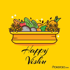 節日水果、蔬菜和鮮花碗，黃色背景上帶有 Happy Vishu 文字。 — 黃色美學 GIF 壁紙