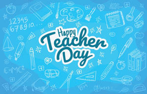 在藍色背景上帶有文具和數學符號的Happy Teacher Day祝福。 — 藍色美學 壁紙