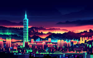 夜晚的像素藝術城市天際線，背景有霓虹燈和山脈 — 電馭叛客2077 壁紙