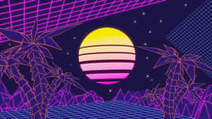在數位網格景觀中，發光日落下的霓虹棕櫚樹。 — 插畫 壁紙