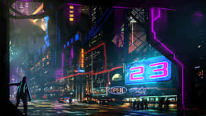 一個未來主義的城市夜景，由發光的霓虹燈招牌和雨濕的街道照亮。 — 賽博龐克城市 壁紙