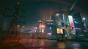 未來主義的城市夜景，霓虹燈和雨濕的街道。 — 電玩遊戲 GIF 壁紙