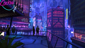 人們在屋頂酒吧俯瞰夜晚閃爍的未來城市。 — 電馭叛客2077 壁紙