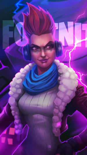 Fortnite角色，紅髮和耳機，背景是紫色閃電。 — 要塞英雄 大逃殺 壁紙