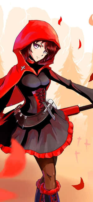 動漫戰士女孩穿著紅色連帽服裝，在熾熱背景中持劍。 — 紅色美學 iPhone 壁紙