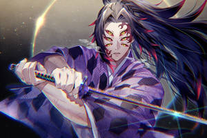 動漫惡魔戰士，眼睛發光，在太空中持劍。 — 紫色動漫美學 壁紙