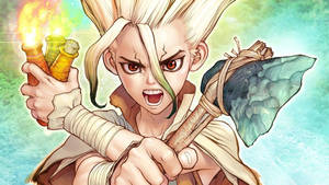 金髮動漫戰士，手持斧頭和發光小瓶，擺出戰鬥姿勢。 — Dr.STONE 新石紀 壁紙