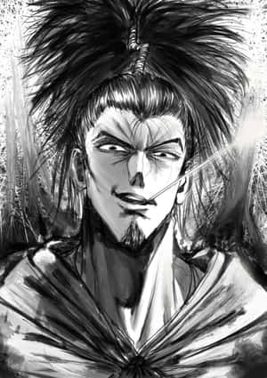 動漫戰士，頭髮狂野，嘴裡叼著劍，凝視著。 — 混沌武士 壁紙