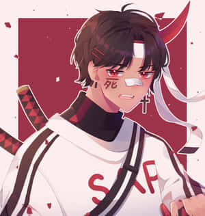 動漫男孩，紅眼睛，魔鬼角，手持武士刀。 — Pixel 9 Pro Fold 壁紙