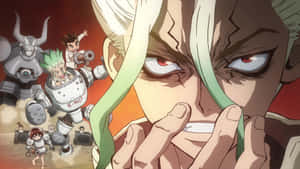 綠色頭髮和紅色眼睛的動漫角色咬緊牙關，機械敵人逼近。 — Dr.STONE 新石紀 壁紙