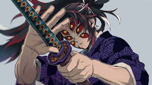 動畫惡魔獵人握著一把劍，有發光的紅眼和黑髮。 — 鬼滅之刃 壁紙