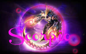 一個在宇宙紫色中發光的天蠍戰士，伴隨著閃電和粉紅色的Scorpio字樣。 — 天蠍座美學 壁紙