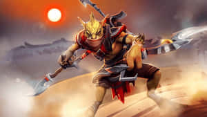 貓戰士在沙漠中揮舞雙斧，背景是夕陽。 — 暗黑破壞神4 壁紙