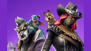 Fortnite角色，包括狼戰士、戴面具的牛仔、狗和龍，背景為紫色。 — 狼人 壁紙