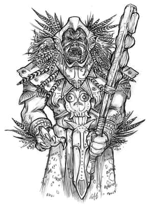 身穿部落盔甲的兇猛獸人戰士手持狼牙棒和劍。 — 戰士 壁紙