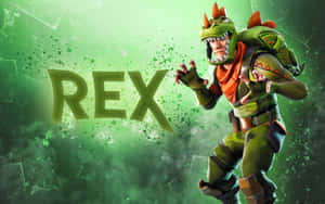 綠色裝備的恐龍戰士角色在綠色潑濺背景上向前猛衝，帶有「REX」文字。 — 忍者 要塞英雄 壁紙