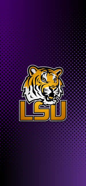 LSU 老虎吉祥物標誌，紫色漸變背景帶半色調點。 — Galaxy A 壁紙
