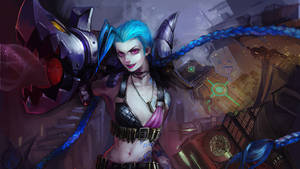 藍髮動漫角色，手持機械武器，身處廢墟城市。 — 吉茵珂絲 壁紙