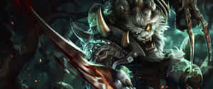 兇猛的長角野獸戰士在黑暗森林中揮舞血劍。 — 電玩遊戲 GIF 壁紙