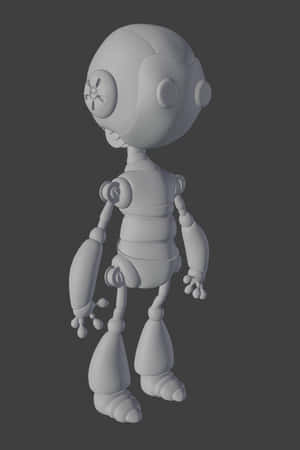 一個白色3D機器人公仔，帶有關節肢體和圓形眼睛，在灰色背景上。 — iPhone Duo 壁紙
