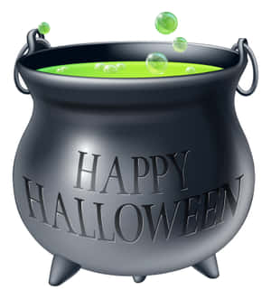 黑色大鍋，帶有綠色冒泡藥水和「Happy Halloween」文字。 — Galaxy Z Fold 壁紙