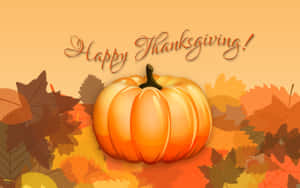 一個南瓜被秋葉包圍，並帶有「Happy Thanksgiving!」文字。 — 可愛感恩節 壁紙