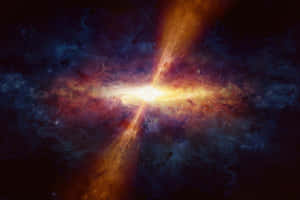 一個充滿活力的星系，明亮的橙色噴流從其中心射出。 — 宇宙 壁紙