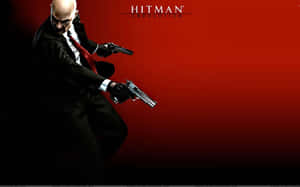 Hitman Absolution 刺客在紅色漸變背景上瞄準兩把手槍。 — OLED 壁紙