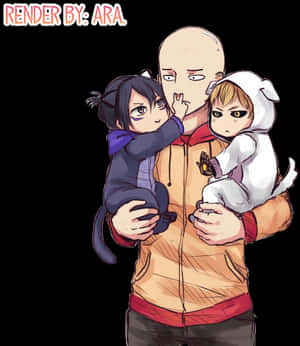 動漫男人抱著兩個孩子，一個在他耳邊低語，另一個穿著狗裝看起來很惱火。