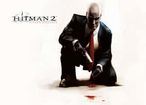 Hitman 2 Silent Assassin 角色蹲著拿著槍和血跡。 — 刺客任務2 壁紙