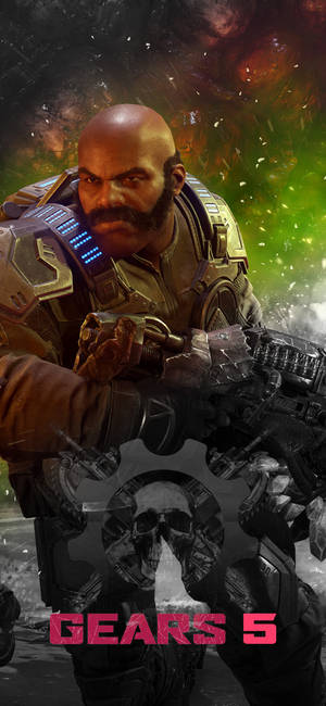 一個光頭鬍鬚士兵穿著未來盔甲，在熾熱的宇宙背景下握著武器。