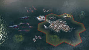浮動堡壘在黑暗海洋中受到外星海洋生物和敵艦的攻擊。 — 電玩遊戲 GIF 壁紙