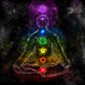 在太空中帶有發光脈輪的冥想人物，伴隨星星和月亮 — 回復術士的重啟人生 壁紙