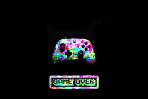 一個發光且出現故障的遊戲控制器，下方有「GAME OVER」，背景為黑色。 — 暗黑地牢 壁紙