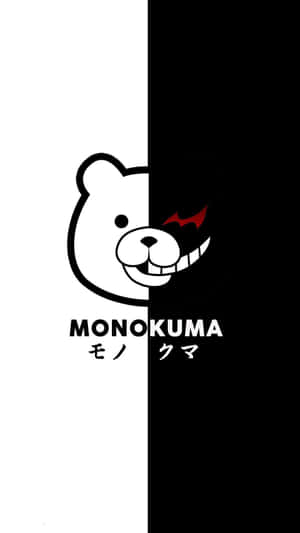 黑白分開的 Monokuma 熊標誌，帶有紅色蝙蝠翅膀狀的眼睛。 — 動漫 iPhone 壁紙