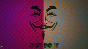 蓋伊·福克斯面具分開在紫色和灰色的路易威登圖案背景上，有 'JUST DO IT' 文字。 — 就去做吧 壁紙