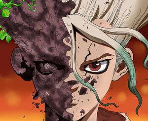 動漫角色，半邊臉腐化成泥土和藤蔓，背景火熱。 — Dr.STONE 新石紀 壁紙