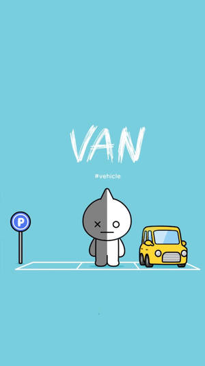 分裂面孔的卡通人物在黃色廂型車旁邊的停車位。 — Vans 標誌 壁紙
